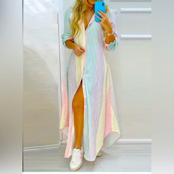 Maxi Shirt Color Block Striped Button Up Dress Long Sleeve Size M - Picture 1 of 3